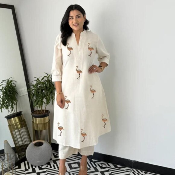 PURE KHADI COTTON ALINE KURTA With PLAZZO - Picture 1 of 16